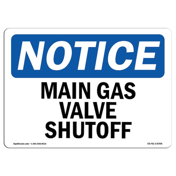 Safety Sign, OSHA Notice, 3.5" Height, 5" Width, Main Gas Valve Shutoff Sign, Landscape, 10PK